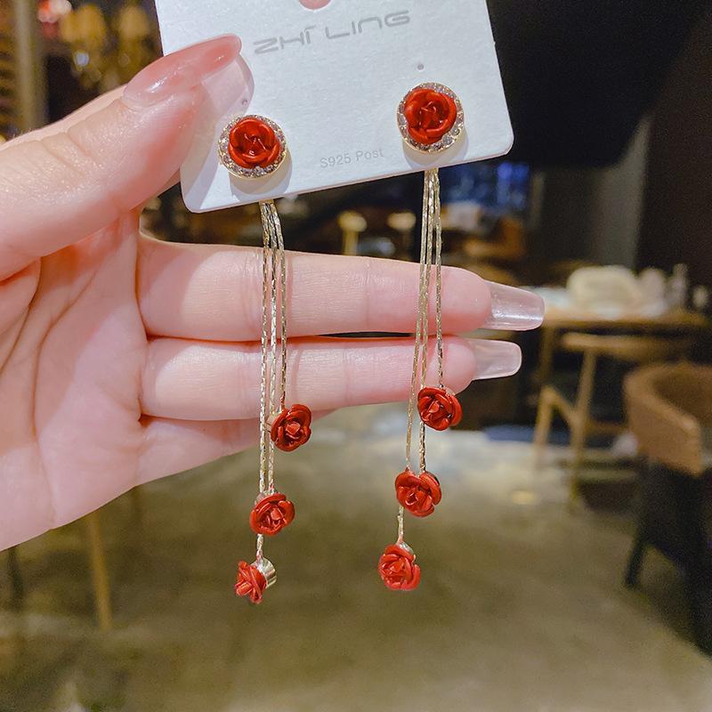 Süße Rote Samt Schleife Lange Quasten Ohrringe für Damen Exquisite Glänzende Zirkonia Herz Ohrringe Hochzeitsfeier Schmuck Geschenke