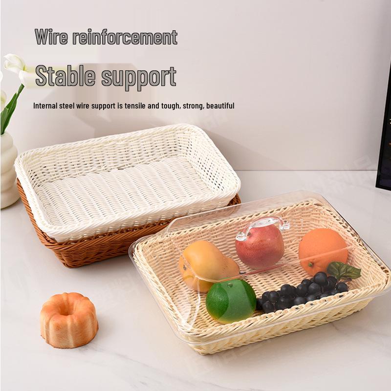Acrylic Bread Basket with Imitation Rattan Cover for Food, Fruit, Vegetables, Snacks