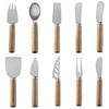 Stainless Steel Cheese Tools Set with Rubber Wood Handle, Including Cheese Knife, Slicer, Butter Knife, and Fork.