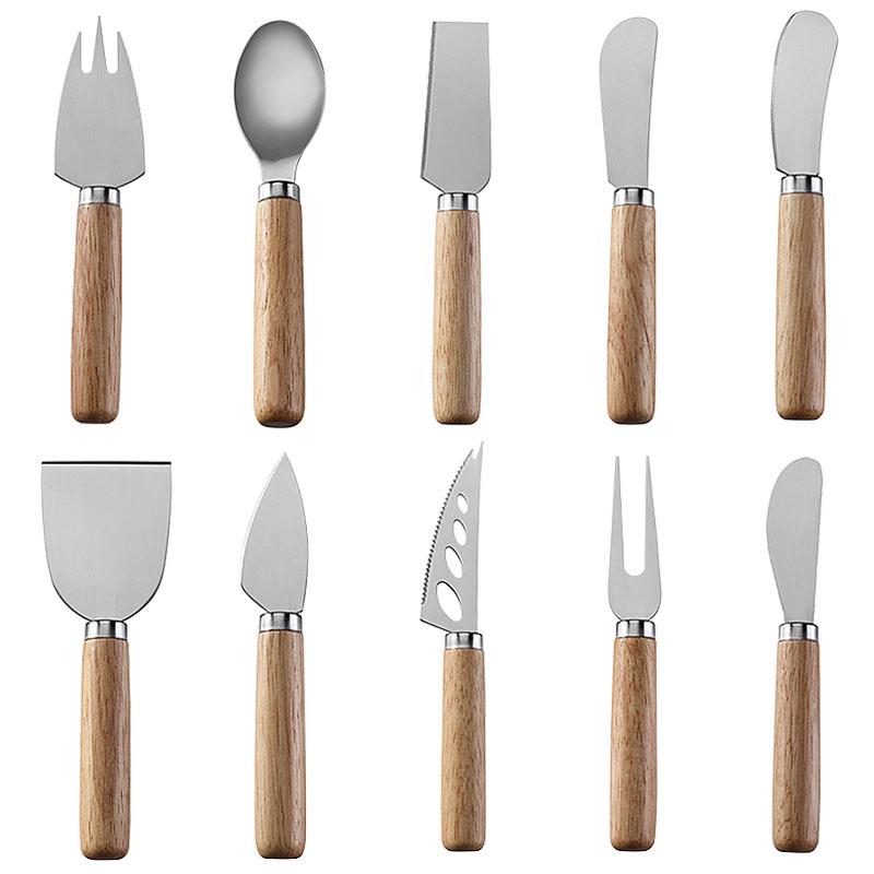 Stainless Steel Cheese Tools Set with Rubber Wood Handle, Including Cheese Knife, Slicer, Butter Knife, and Fork.