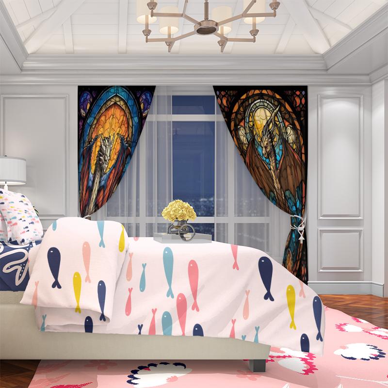 2 Stück - Ölmalerei-Stil Drache Polyester Vorhänge, Stangentaschen-Vorhänge 42*84, Schlafzimmer, Wohnzimmer, Heimzimmerdekoration
