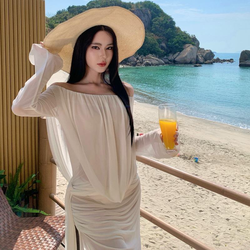 Sexy Vacation Streamer Pleats White One-shoulder Bandeau See-through Dress Fairy Dress S белый