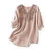 Damen Sommer Ramie V-Ausschnitt Besticktes Oberteil - Lockerer Schnitt, Uni-Farben