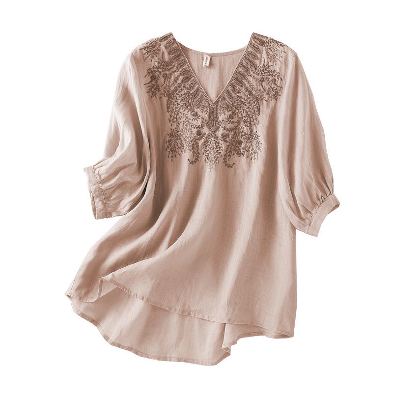 Damen Sommer Ramie V-Ausschnitt Besticktes Oberteil - Lockerer Schnitt, Uni-Farben