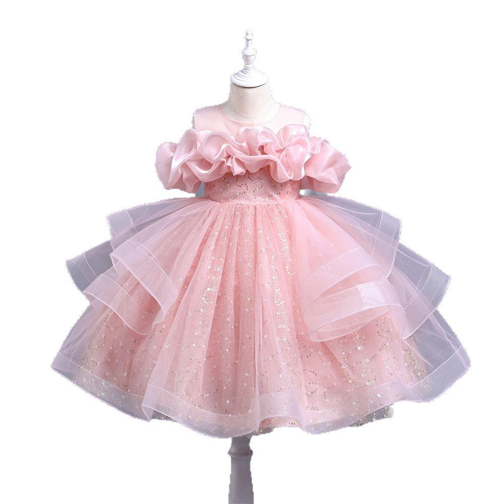 Girls' Formal Flower Girl Princess Dress with Sequined Puffy Skirt - Ideal for Piano Performances