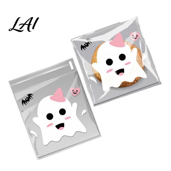 Self Adhesive Treat Bags 100 Pcs Small Halloween Bags Seal Clear Candy Dessert Snack Cookie Trick or Party Favors for Holiday Cute Cartoon Pouches