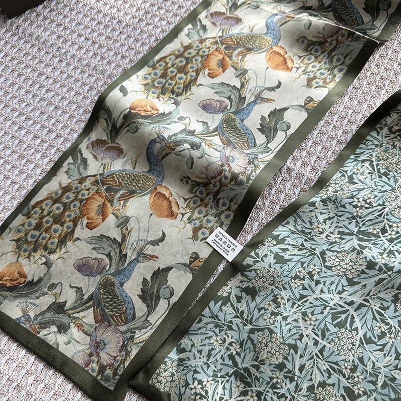 Green retro flower silk silk scarf women's spring new double-sided long 111 mulberry silk silk scarf scarf