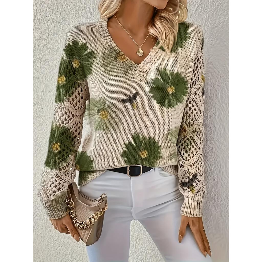 Elegant Autumn and Winter, Bohemian, Western-style Versatile Pullover V-neck Long Sleeved Women's Top, Trendy Women's Knitted Sweater