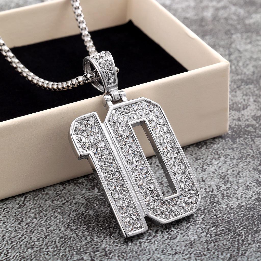 European & American Unisex Stainless Steel Pendant Necklace with Diamond Inlaid Number Design