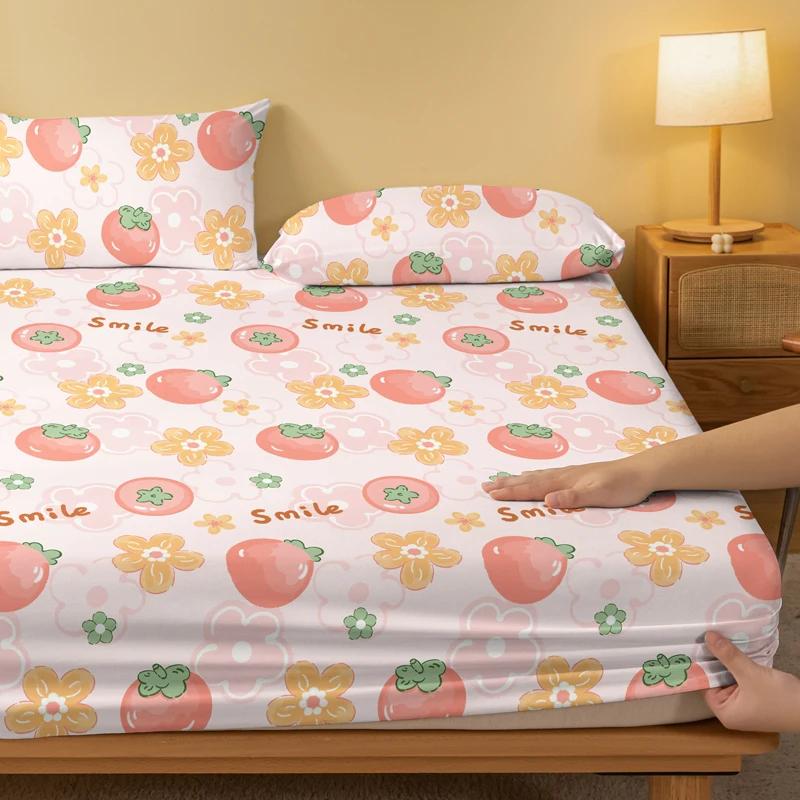 1 Simple Modern Plant Flower Fruit Printed Matte Fitted Sheet, Bedroom Printed Bed Cover, Bedding (Excluding Pillowcases)
