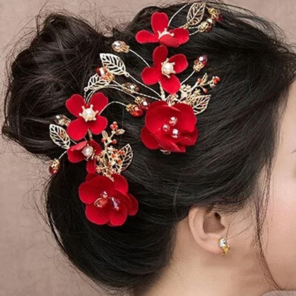 Hair Ornaments Red Flower Women Barrettes Duckbill Clips Festival Hairpins Chinese Hanfu Hair Clips