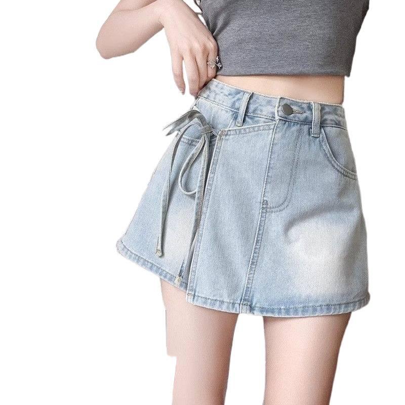 Petite Women's High-Waisted A-Line Denim Skirt with Irregular Tie and Faux Two-Piece Design
