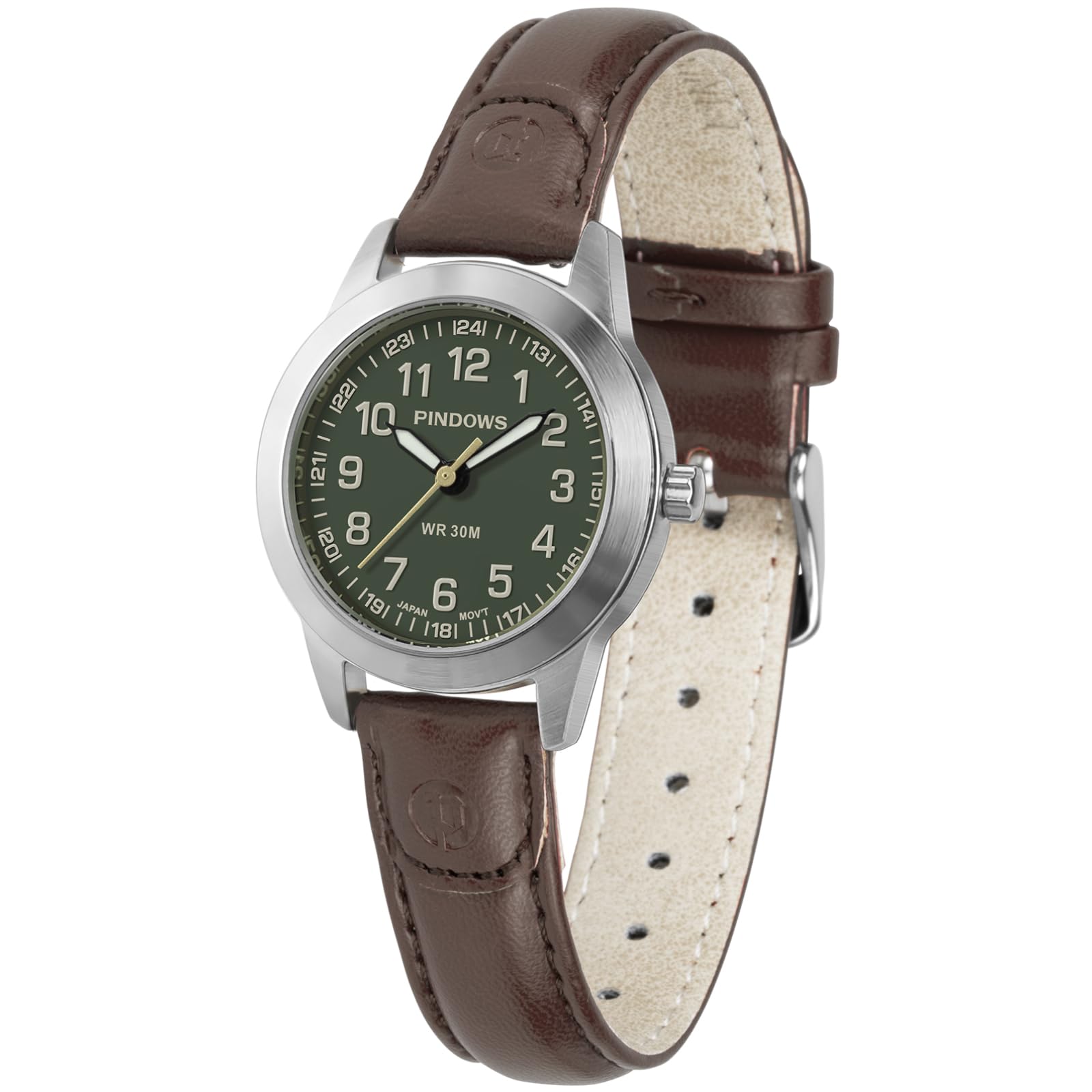 

PINDOWS Элегантный аналоговый кварцевый дизайн с кожаным водонепроницаемым модным платьем-часами с люминесцентным циферблатом Женские часы, ремешок, легко читаемые