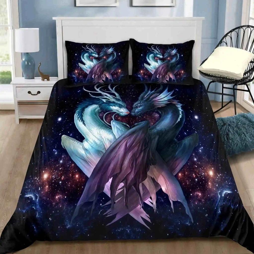 Dragon And Phoenix Duvet Cover Set Queen King Size Fantasy World Monster Bedding Sets Mens Boys And Teenagers Comforter Covers