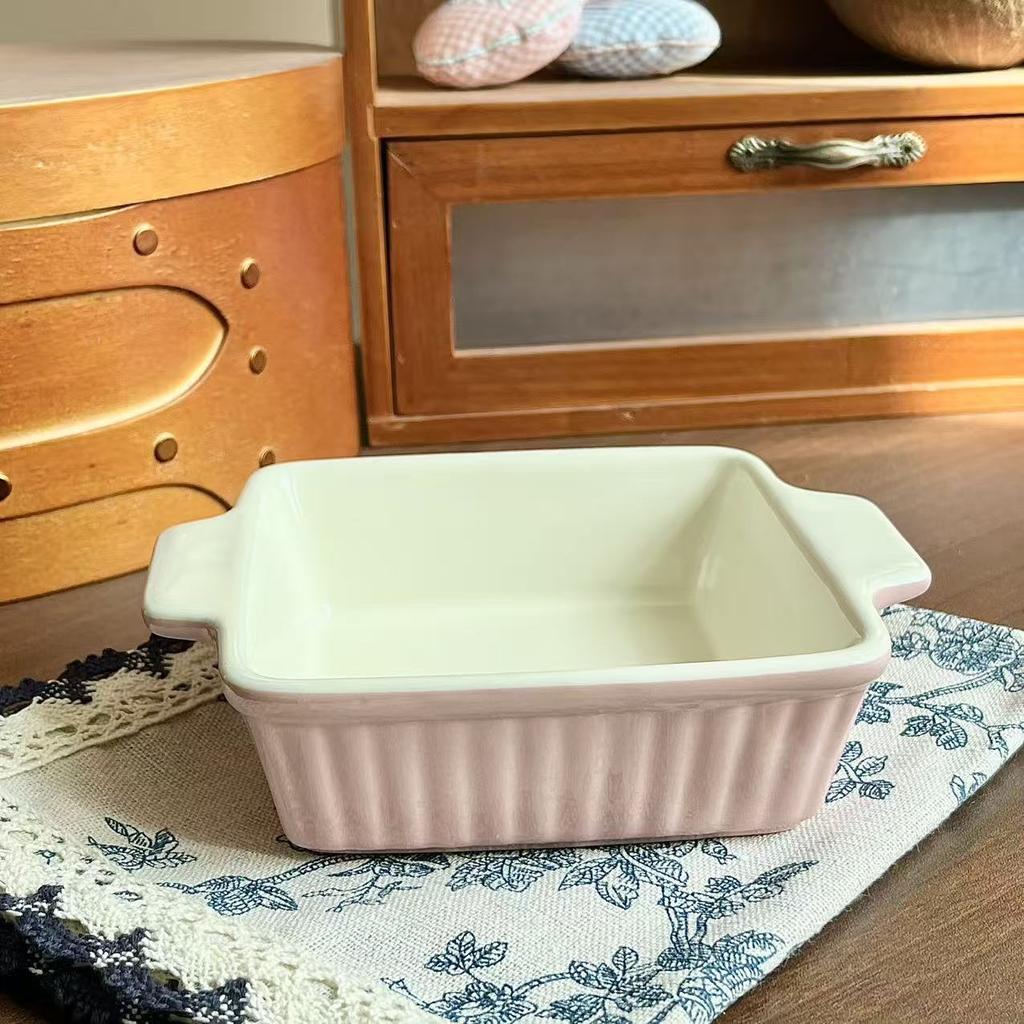 Creative Color Striped Binaural Baking Pan Household Ceramic Microwave Oven Baking Pan Cheese Baked Rice Pan