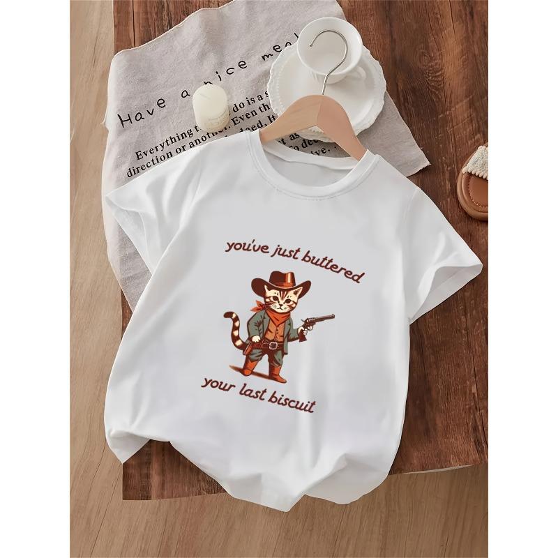 

European Size Childrens Crew-neck Short-sleeved T-shirt with Fun Cat Pattern Print 164cm