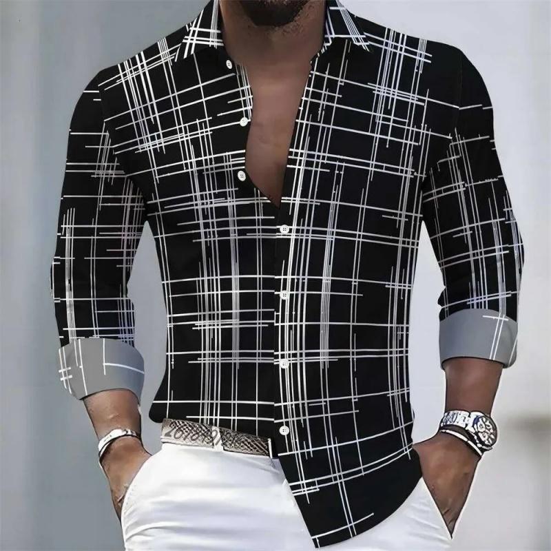 Men's Irregular Line Grid 3D Printed Long Sleeved Shirt, Business Casual Lapel Button Up Cardigan