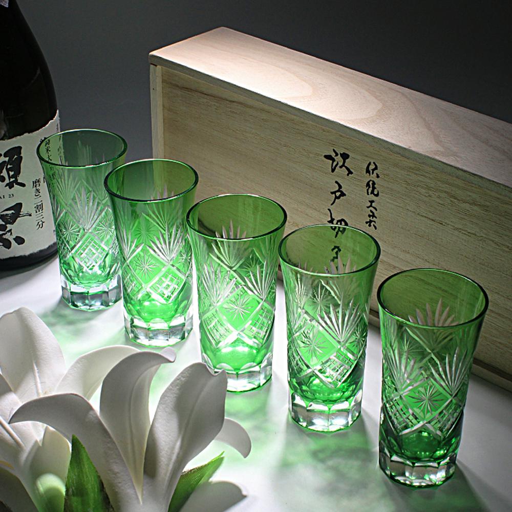 

5PCS/Box, Japanese-style sake cup, Household Liquor wine glass with wooden box, Japan Edo Cutting craft hand carved wineglass 100ml