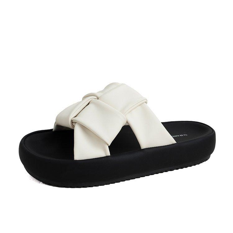 Fashion 2025 Summer New Korean Thick-soled Slippers Women's Outer Wear Braided Open-toed Flip Flops Black and White Colorblock Sandals