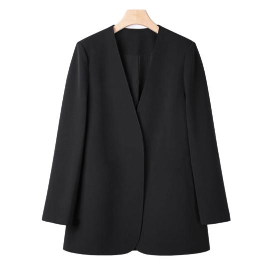 Women Suit Coat Collarless Long Sleeve Solid Color Casual Coat Loose Fit No Buttons Cardigan Style Outerwear Work Wear
