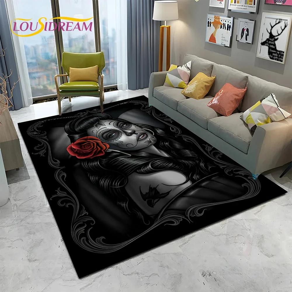 Horror Gothic Female Skull Dead Girl Teppich Teppich für Zuhause Wohnzimmer Schlafzimmer Sofa Fußmatte Dekor, Kinderbereich Teppich rutschfeste Bodenmatte