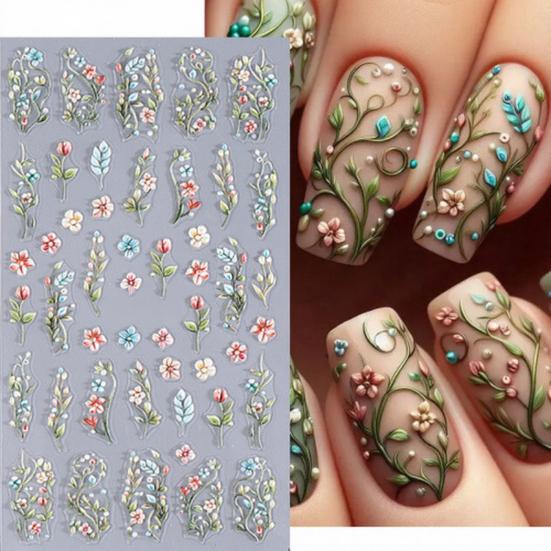 5D Embossed Flower Nail Stickers DIY Spring Summer Colorful Floral Nail Art Self-Adhesive Decals for Women Manicure Decoration