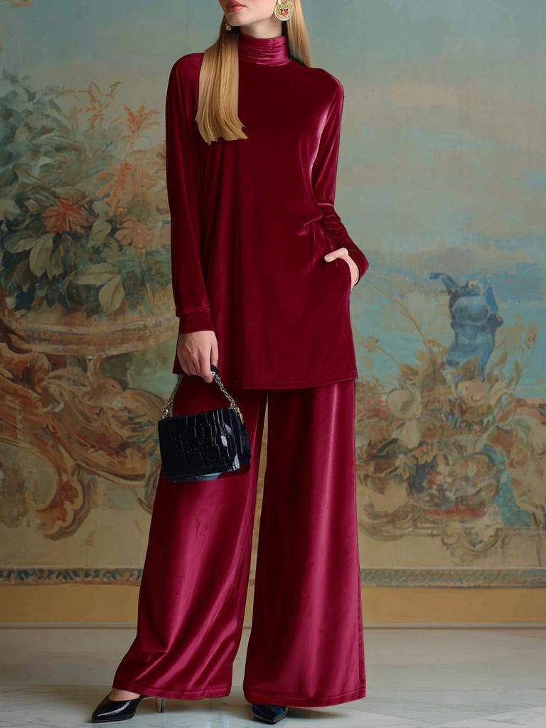 Fall Winter Chunky Velvet Loose Fit High Neck Ripped Hem Top Wide Leg Pants Set