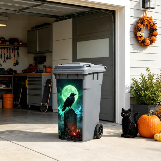 Black Cat Bat Owl Pattern Halloween Trash Can Sticker, Spooky Pumpkin Ghost Wheelie Bin Decal, Easy Apply Mural Waterproof Outdoor Garbage Sticker
