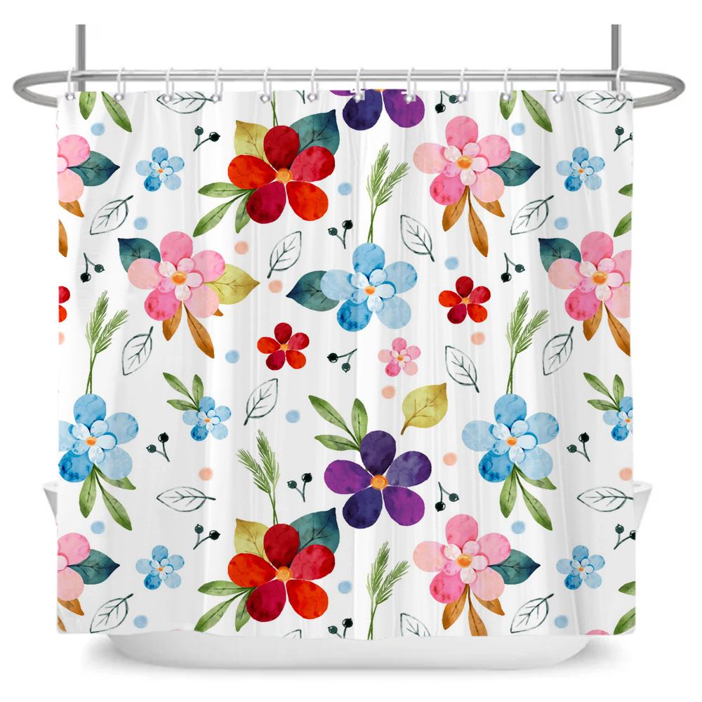 Watercolor Red Flower Shower Curtain Flowers and Plants Waterproof Polyester Bath Curtain For Bathroom Home Decor Accessories