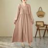 Johnature V-Neck Loose Solid Color Niche Splicing A-Line Dress Woman Spring Fashion Long Sleeves Chinese Style Dress