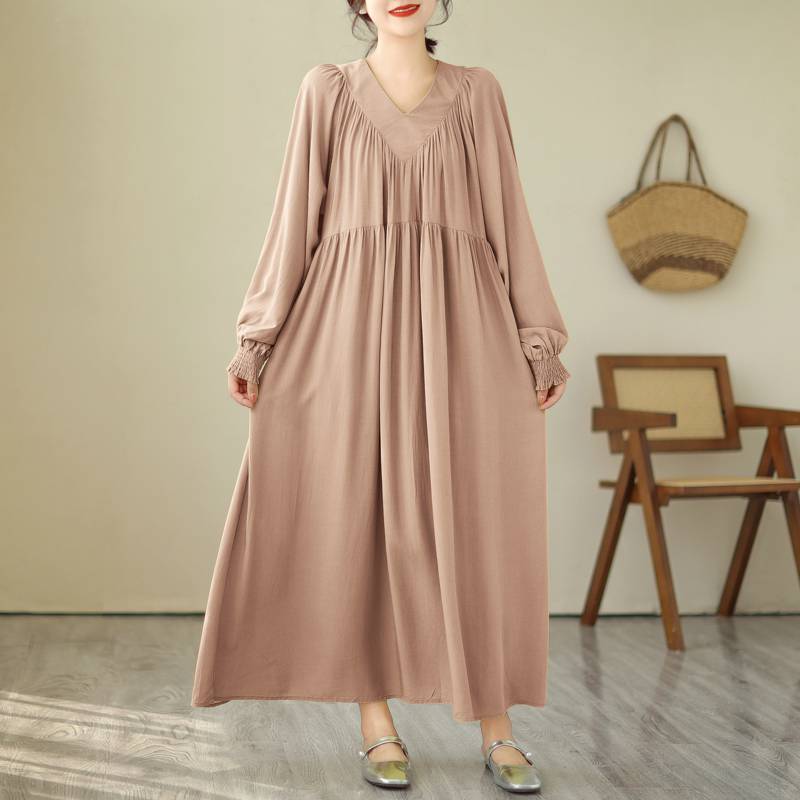 Johnature V-Neck Loose Solid Color Niche Splicing A-Line Dress Woman Spring Fashion Long Sleeves Chinese Style Dress