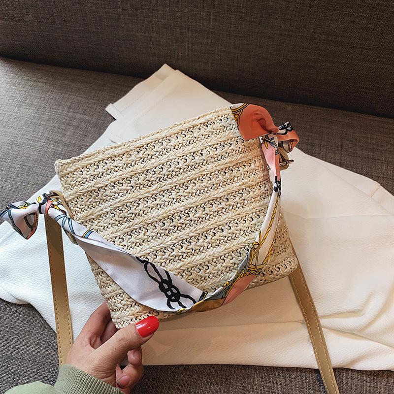 SCIONE Straw Small Bag Female New Summer Forest Woven Silk Scarf Fairy Bucket Bag Girl Messenger Beach Bag