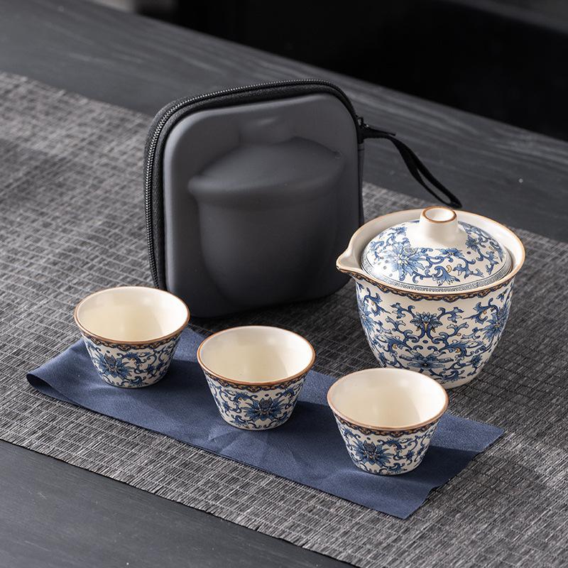Dingyao blue and white travel tea set, one pot and three cups, outdoor portable set, light luxury business company commemorative gift