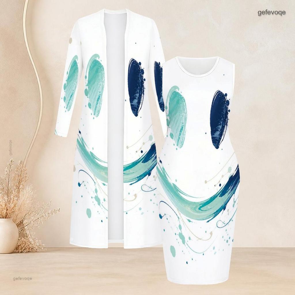 Women Plus Size Abstract Leaf Printed Long Sleeve Open Front Cardigan Sleeveless Bodycon Dress Two Piece Set