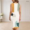 Women Plus Size V Neck Sleeveless Grey Black Blue Geometric Printed Bodycon Midi Dress