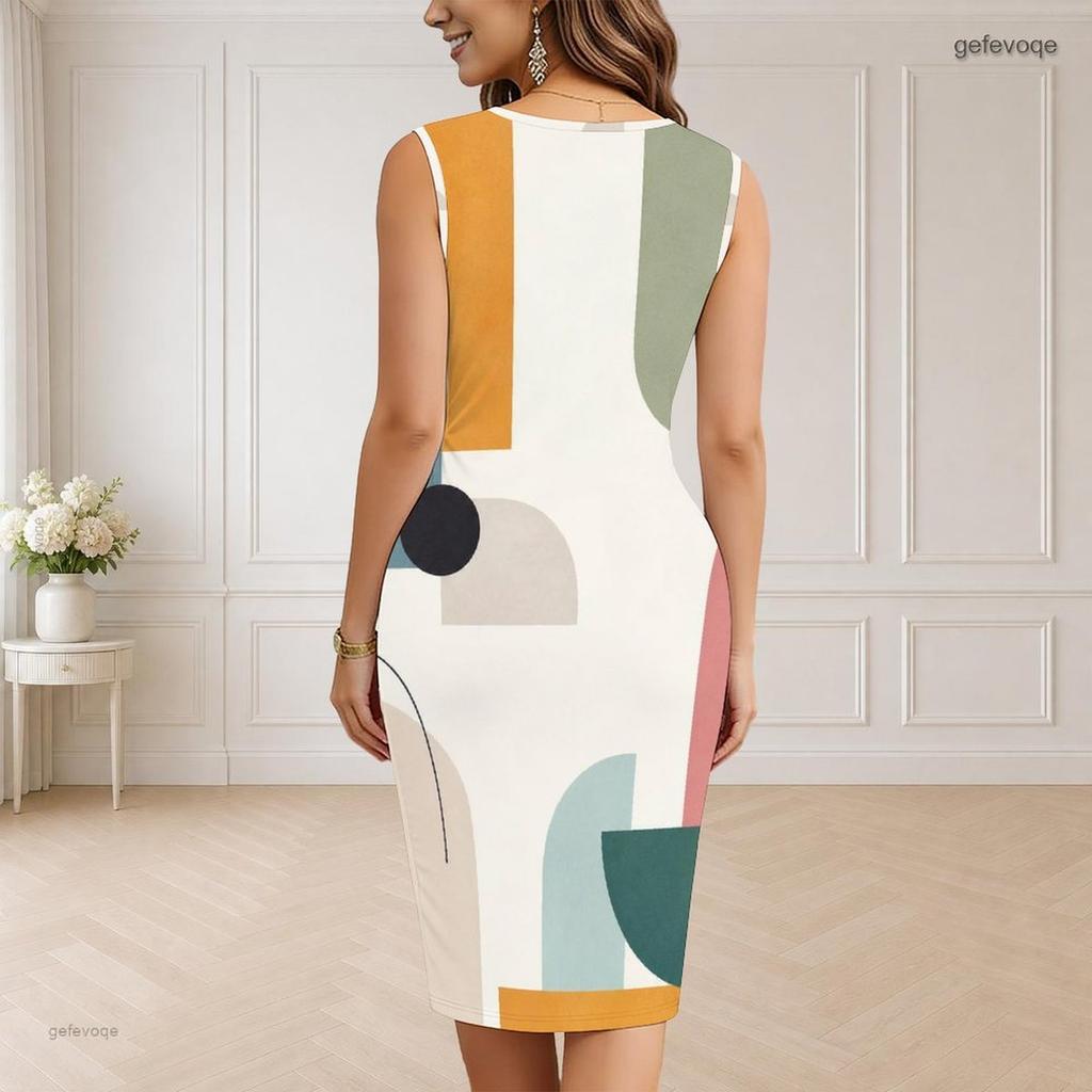 Women Plus Size V Neck Sleeveless Grey Black Blue Geometric Printed Bodycon Midi Dress