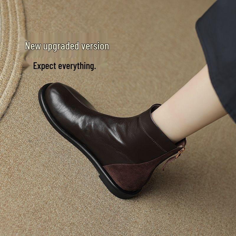 Ghete de damă retro din piele moale până la gleznă - Toamnă/Iarnă, Vârf rotund, Talpă plată, Versatile, Stil Martin subțiator