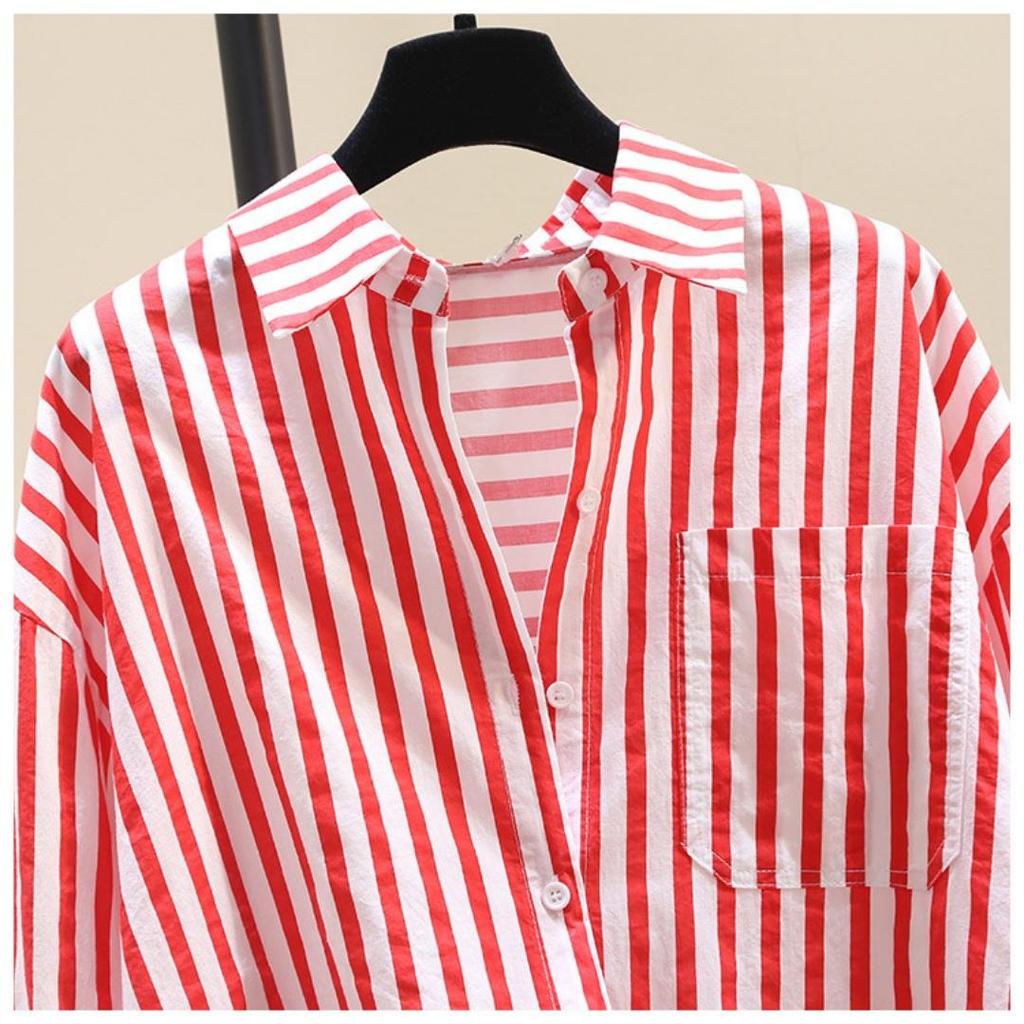 Frühling und Sommer Langarmshirt Damenmode Lässig Vertikal gestreift Locker geschnittenes Hemd Damen