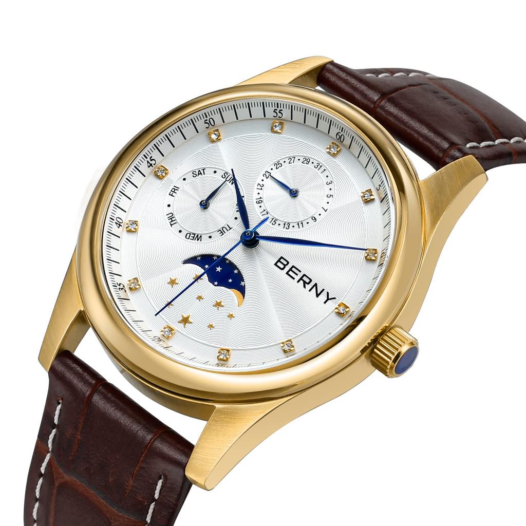 BERNY Men's Multifunction Quartz Watch with Calendar and Moon Phase, Stainless Steel Case and Leather Band, Black.
