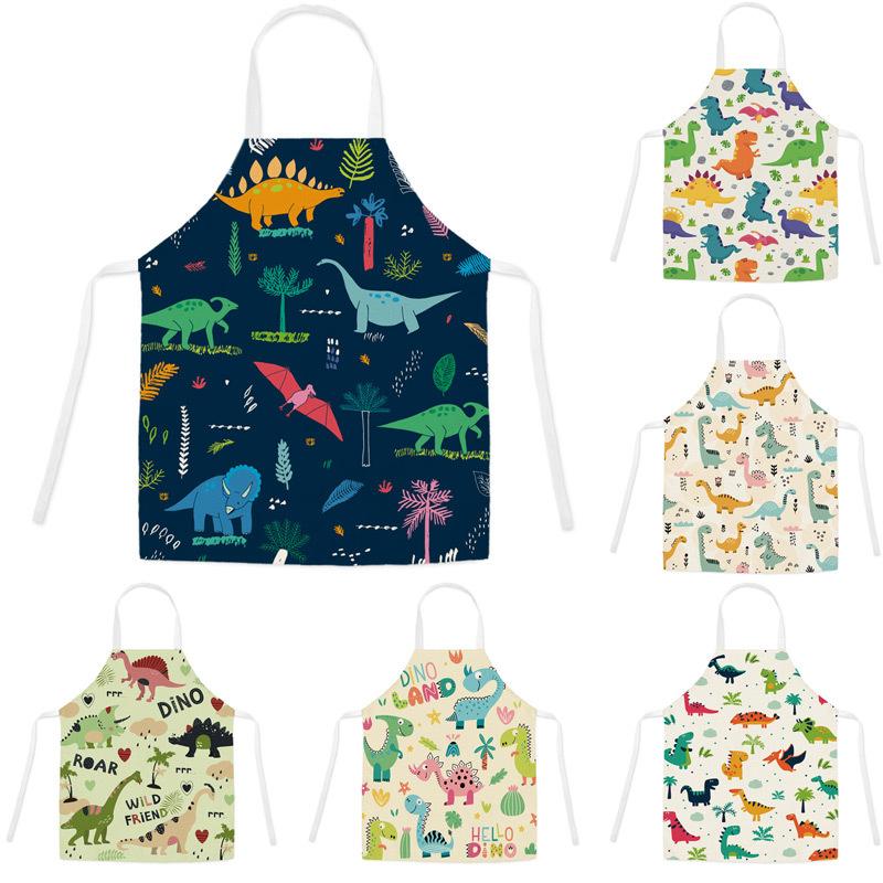 unframed Cartoon Dinosaur Cute Apron For Children Kitchen Cooking Linen Soft Fabric Adults Children Bib Apron