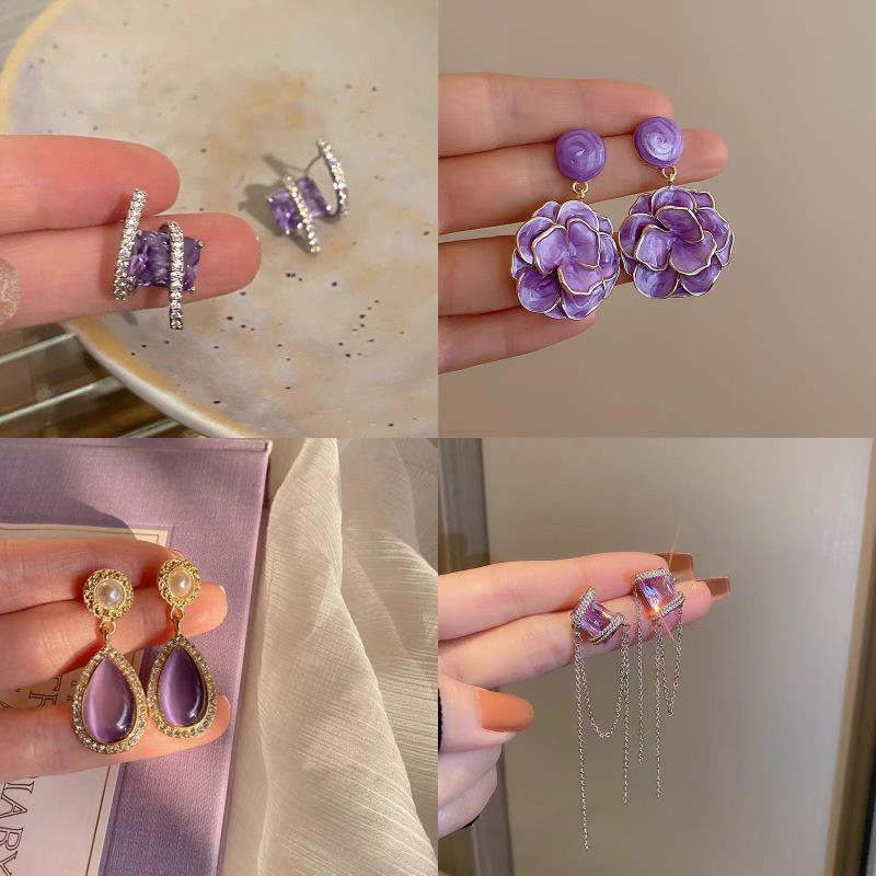 Exquisite Summer Purple Crystal Flower Earrings: Trendy, Heart-Shaped, Versatile Ear Studs
