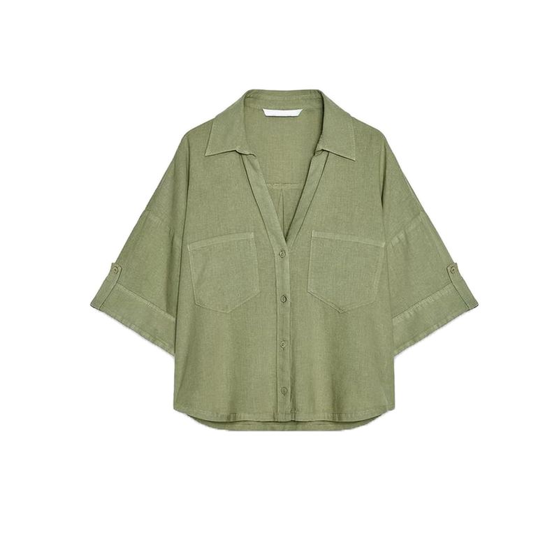 Spring New Women's Clothing Simple Stickers Pocket Decoration Linen Blended V-neck T-shirt Shory Style Shirt Tops 2187572