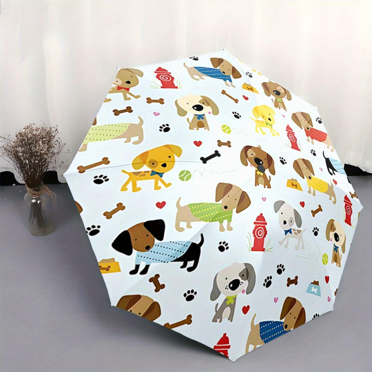 Automatic Folding Umbrella Cartoon dogs with bones and paw prints. Portable collapsible design, casual outdoor accessory, for (as the picture,iron&8K)