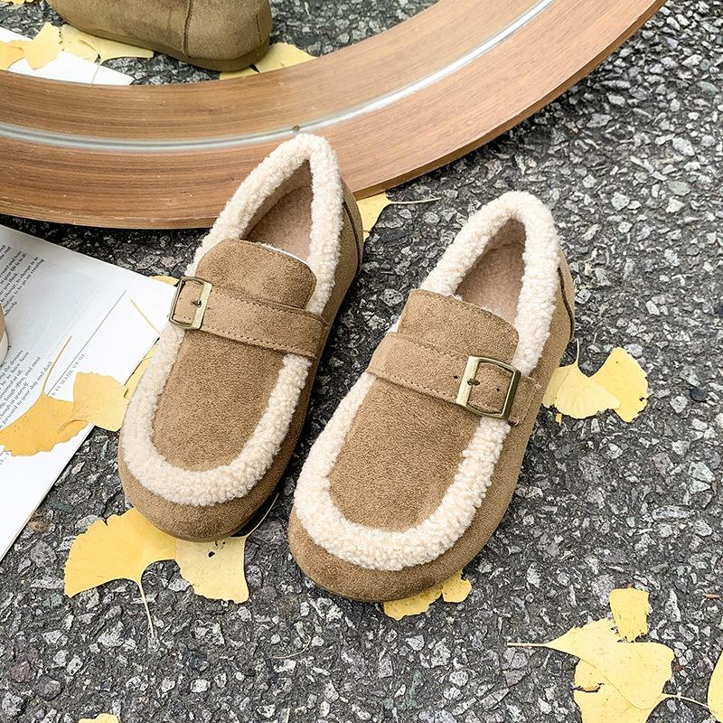Casual Lambswool Loafers Women Flats Belt Strap Shoes Winter Furry Shoes Ladies Cotton Mocasines Warm Slip on Sheep Fur Boots