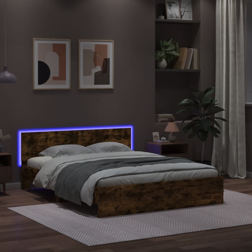 Vidaxl Rama Łóżka Z Wezgłowiem I Led, Przydymiony Dąb, 160X200 Cm