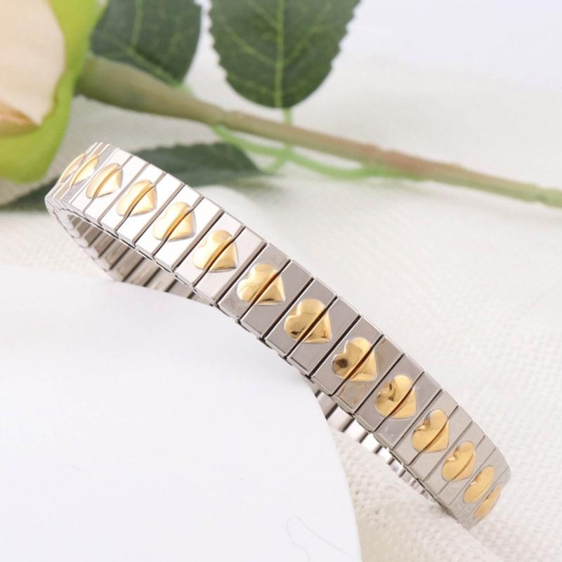 Jewelry Stainless Steel Stretch Bracelet for Women, Flexible Wide Wristband Bangle Bracelets Decorated Golden Pattern