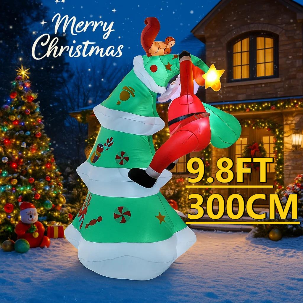 9.8FT LED Inflatable Xmas Yard Decor Christma Tree with Santa Climber Outdoor Lawn Garden Supplies Home Decor Ornaments Toy Gift