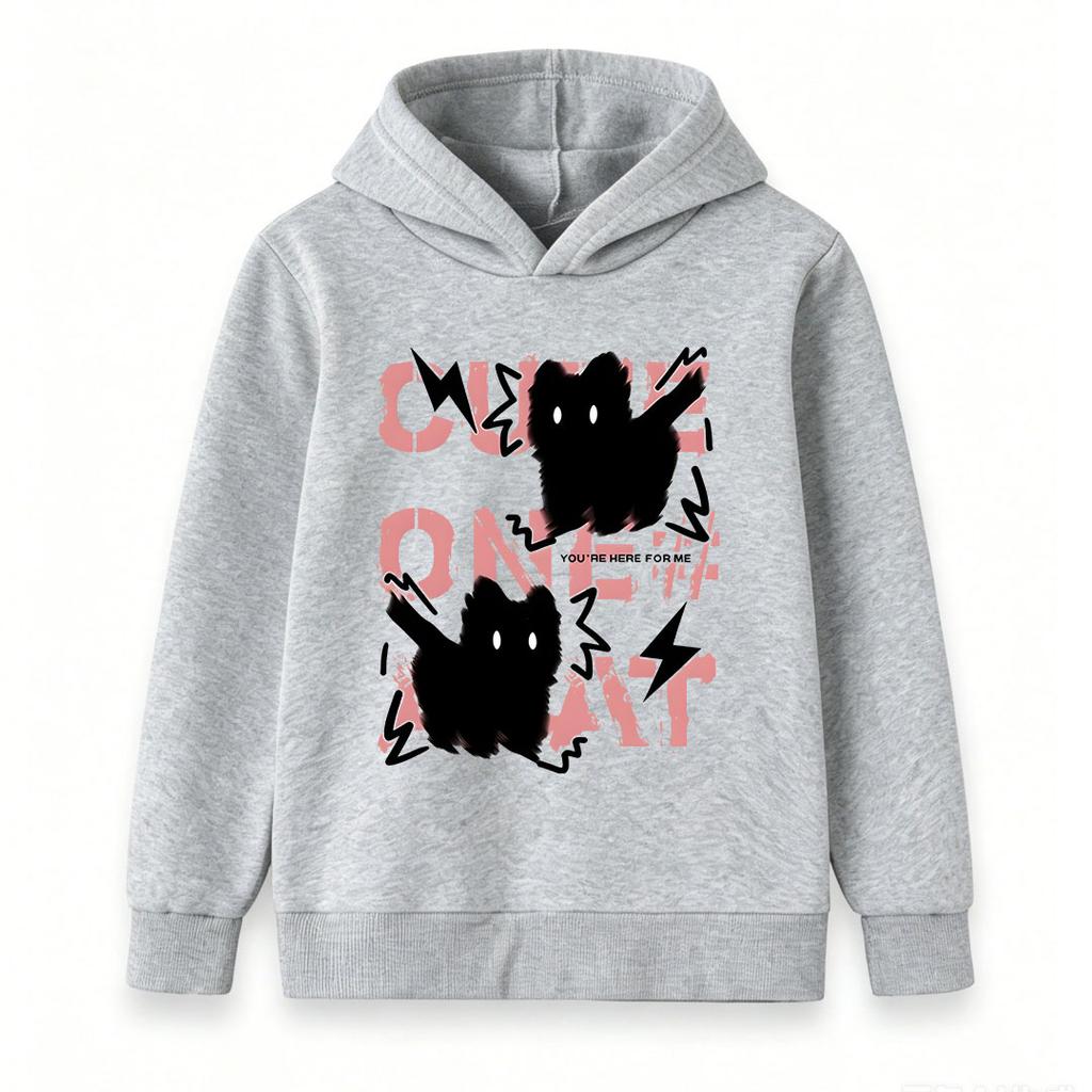 Kids Boys Girls Hoodie Sweatshirt, Cute Fluffy Black Cat Print Pullover, Casual Long Sleeve Loose Fit Hooded Tops for Daily Street Wear