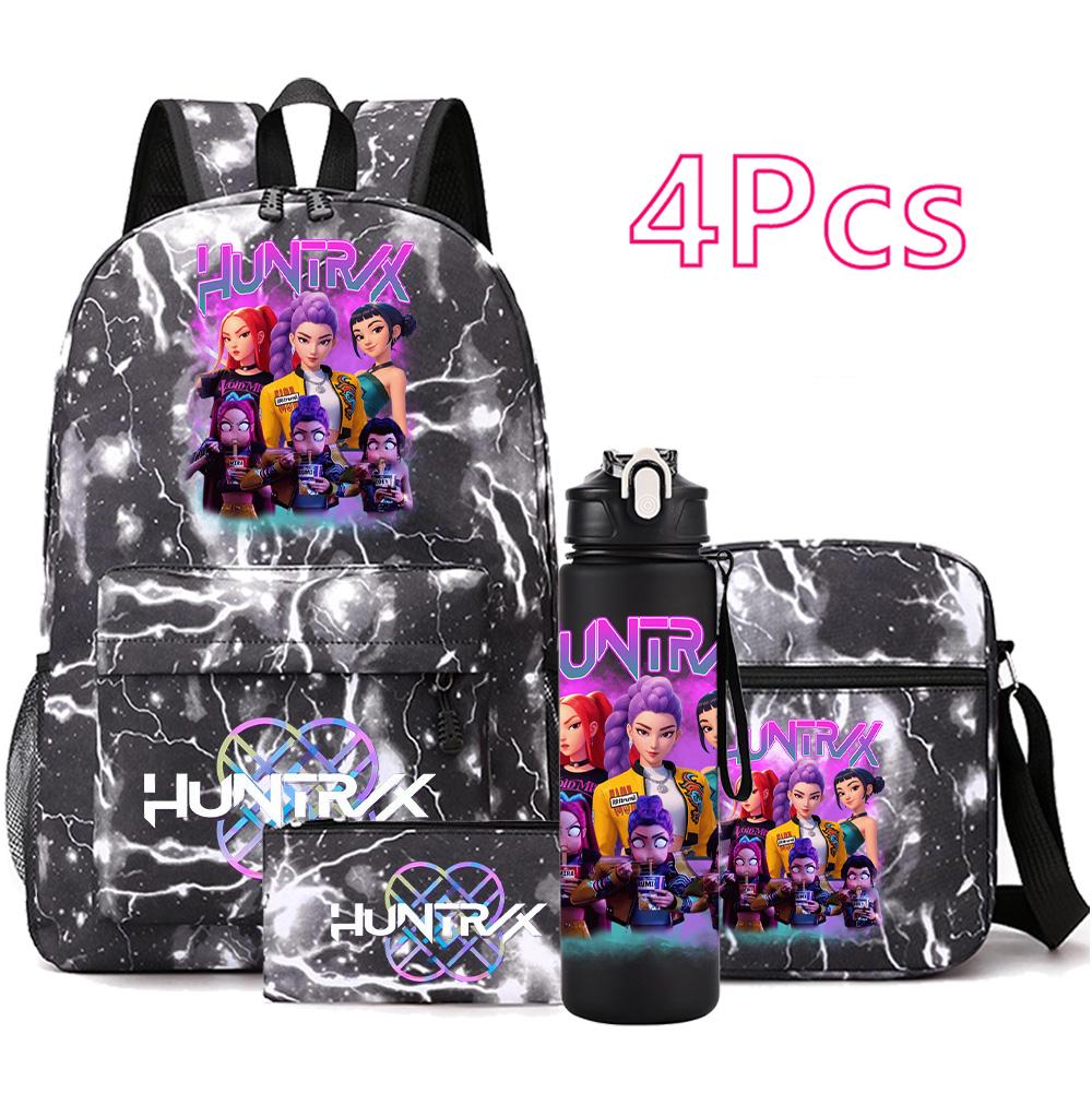 4Pcs/set Anime K-Pop Demon Hunters Printed Backpack Bookbag Shoulder Bag Case Bag with 750Ml Water Bottler for Boy Girl Large Capacity Schoolbag