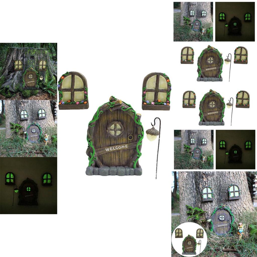 Fairy Miniature 4pcs Tree Door Window Door Glow Gnome Elf Home Sculpture Statues
